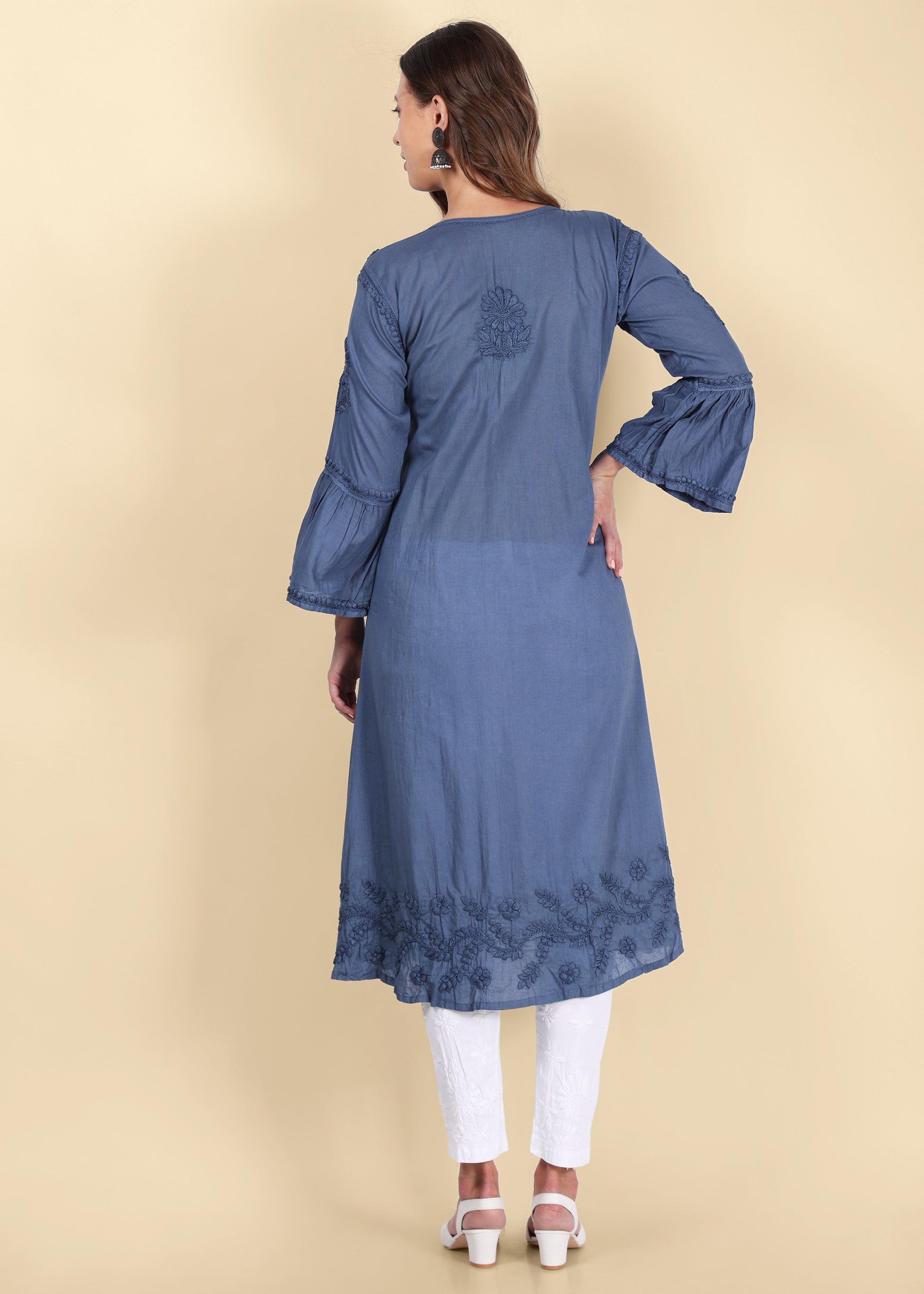 Grey Hand Embroided Lucknow Chikankari A-line Mulmul Kurta.