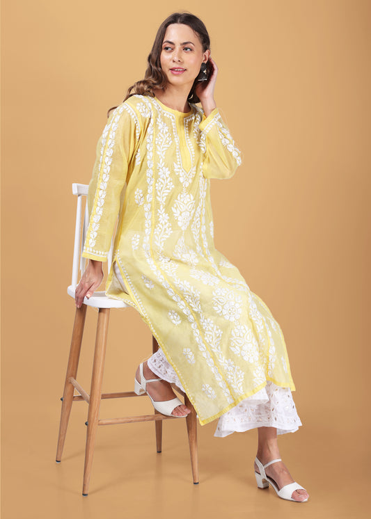 Women Handmade Lucknow Chikankari Chanderi Kurta-Yellow.