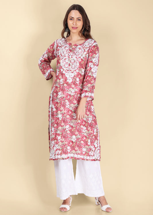 Muslin Hand Embroided Lucknow Chikankari Printed Straight Pink Kurta.
