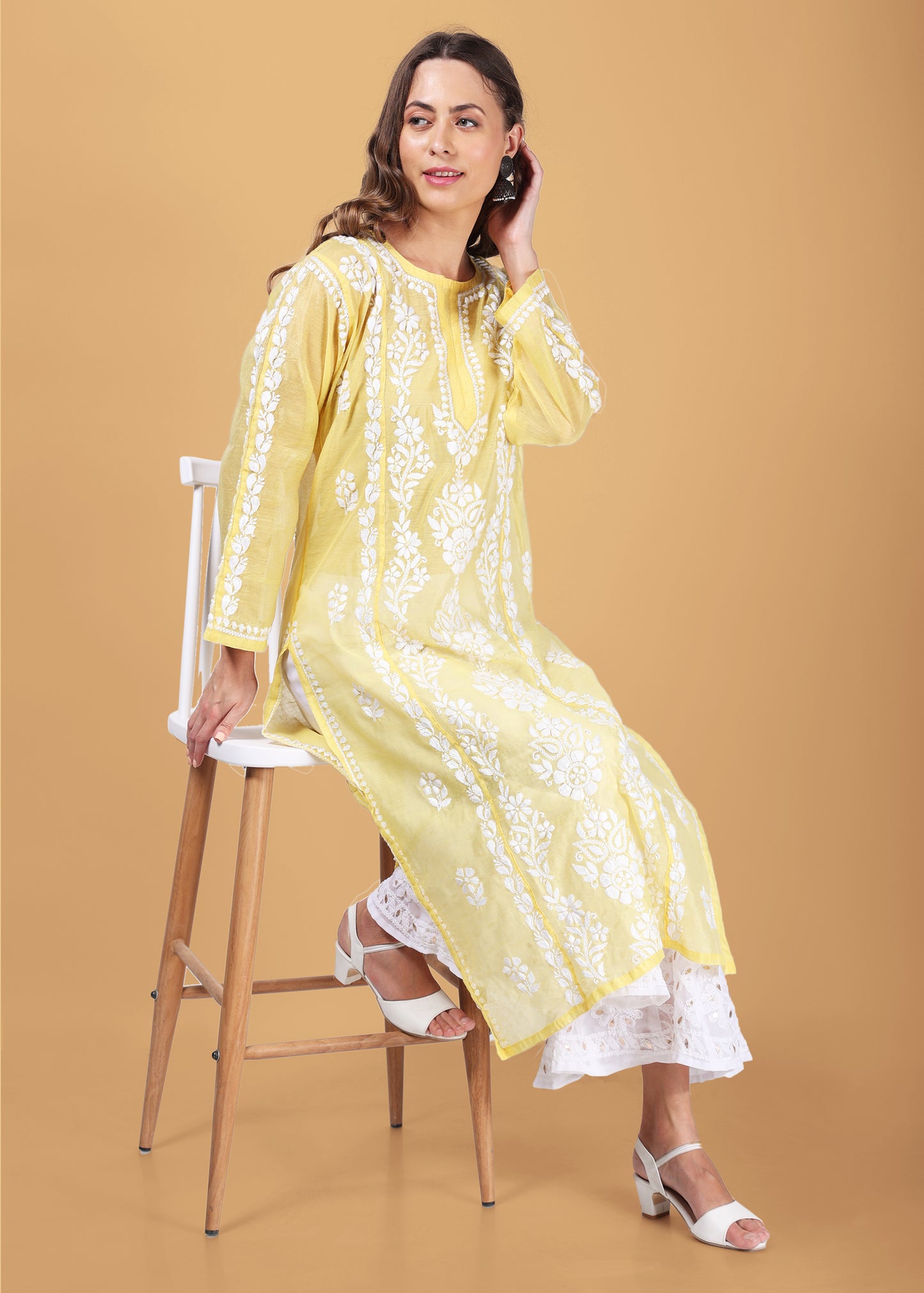 Women Handmade Lucknow Chikankari Chanderi Kurta.
