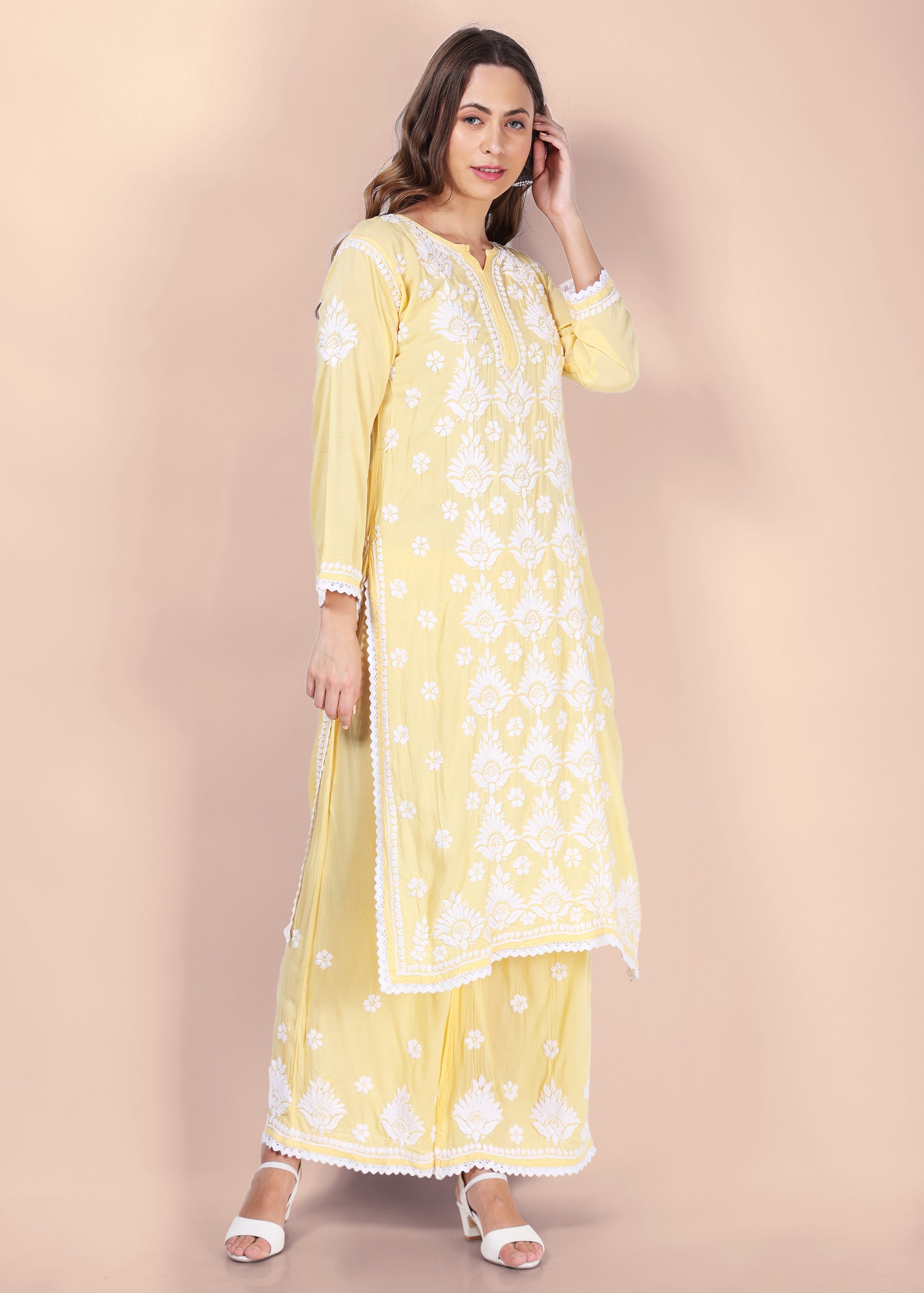 Modal Hand Embroided Lucknow Chikankari Palazo set.