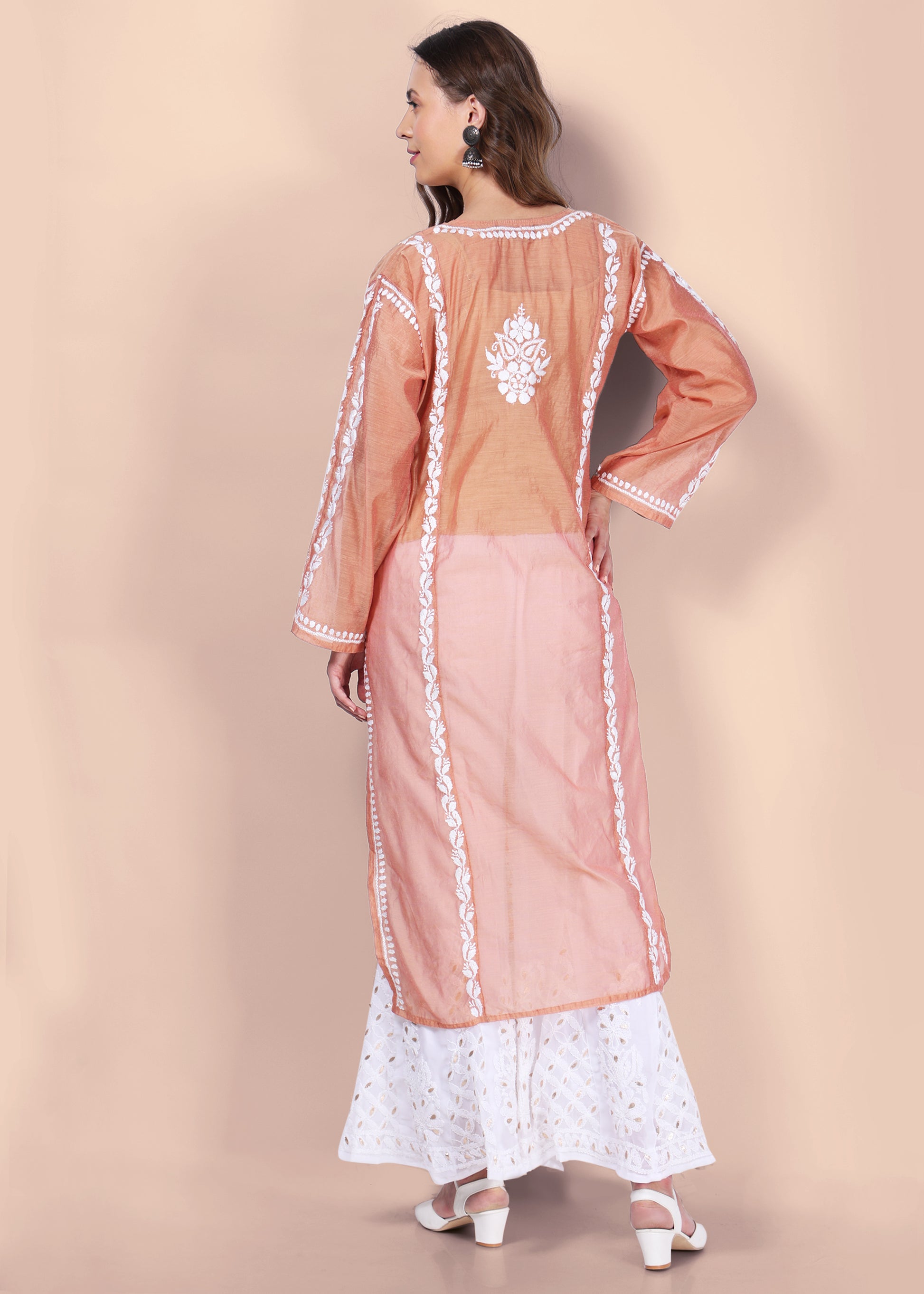 Women Handmade Lucknow Chikankari Chanderi Kurta - Black.