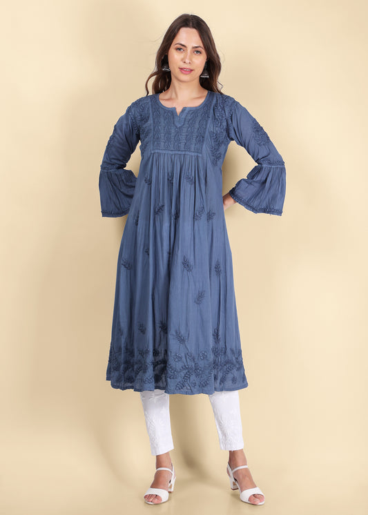 Grey Hand Embroided Lucknow Chikankari A-line Mulmul Kurta.