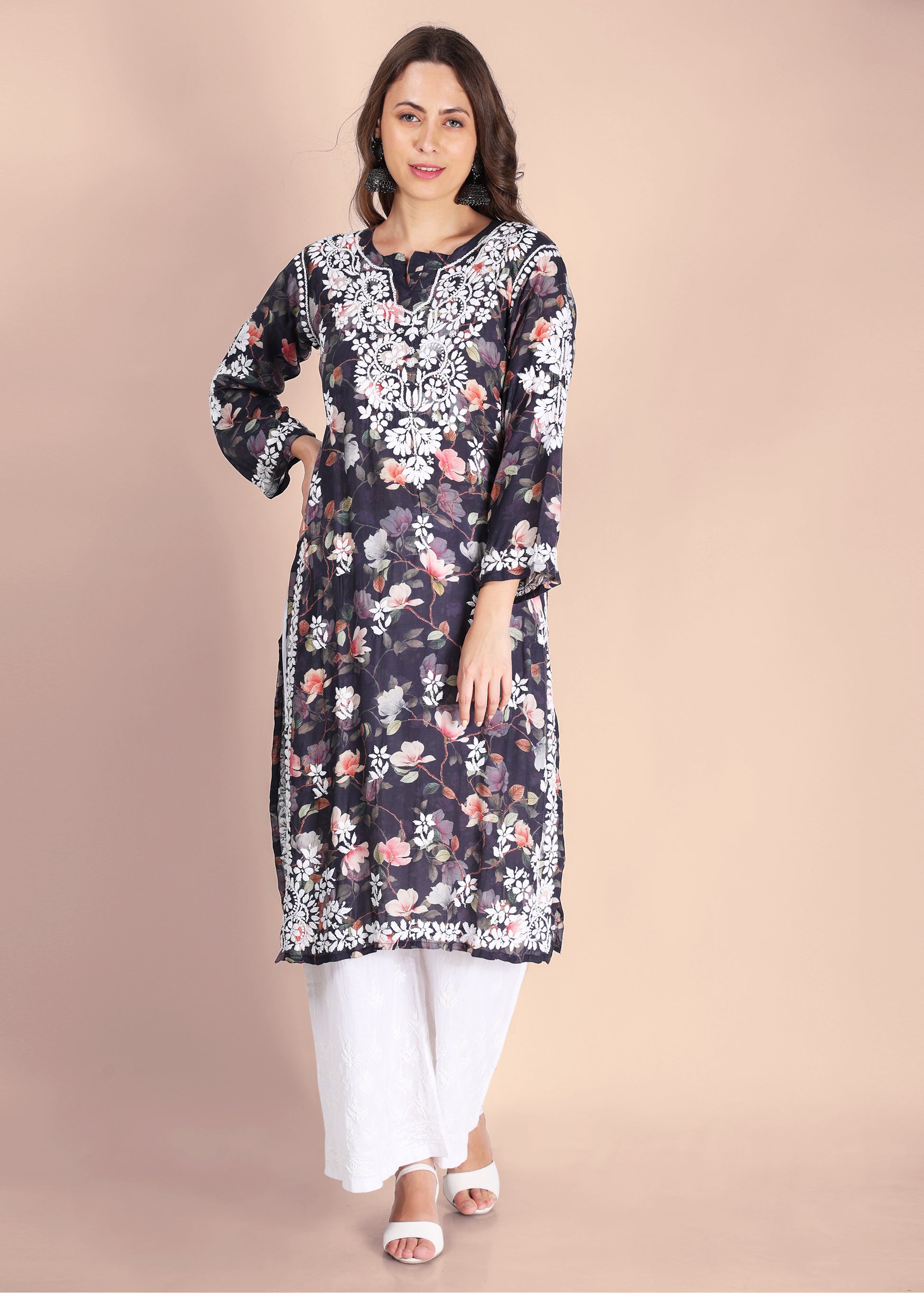 Muslin Hand Embroided Lucknow Chikankari Printed Straight Pink Kurta.