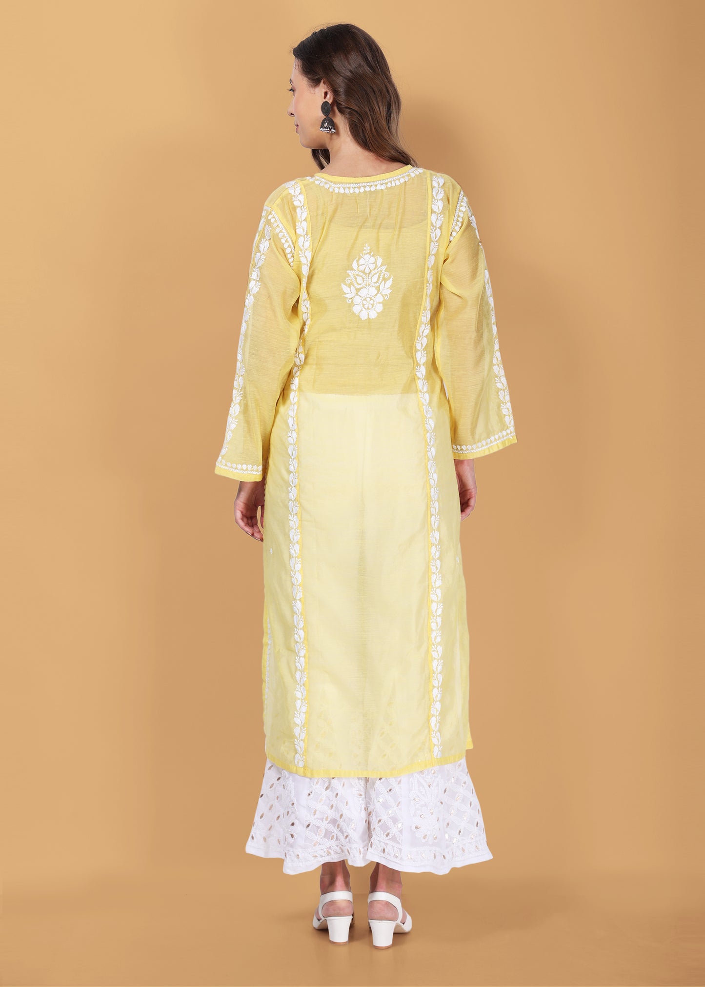 Women Handmade Lucknow Chikankari Chanderi Kurta - Black.
