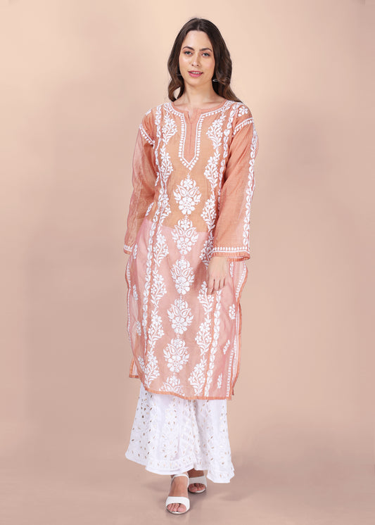 Women Handmade Lucknow Chikankari Chanderi Kurta.