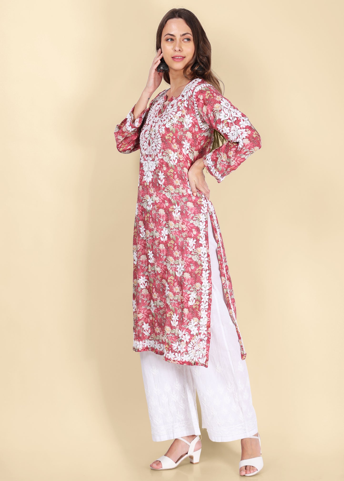 Muslin Hand Embroided Lucknow Chikankari Printed Straight Pink Kurta.