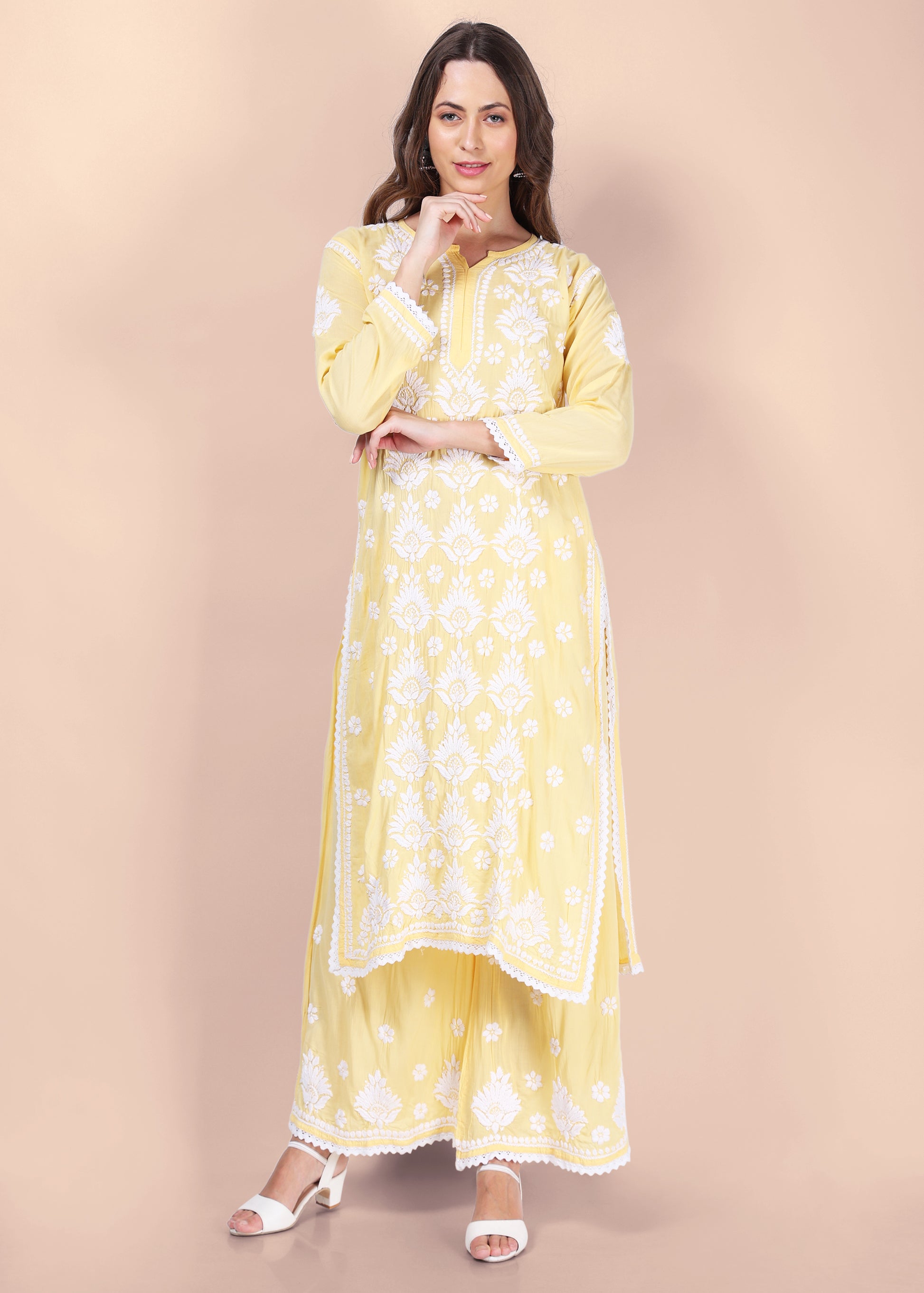 Modal Hand Embroided Lucknow Chikankari Palazo set.