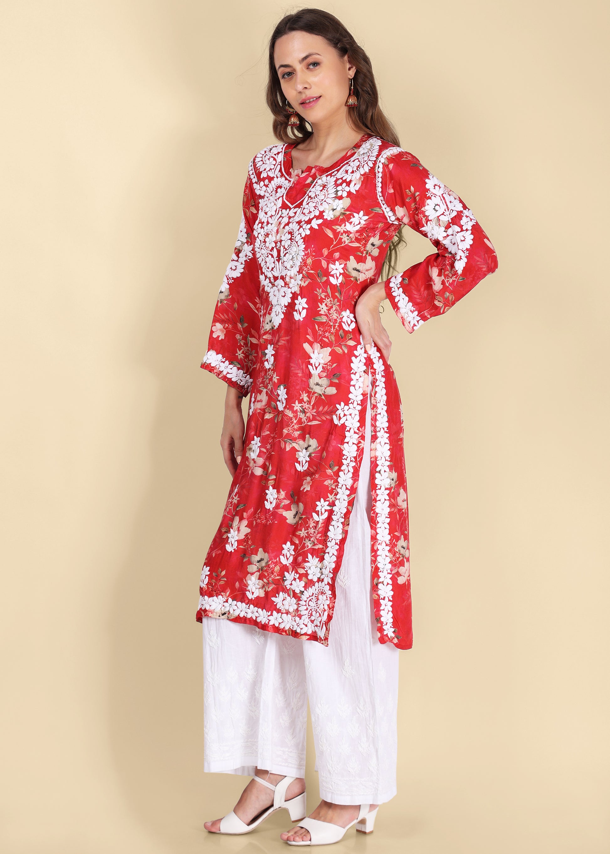 Muslin Hand Embroided Lucknow Chikankari Printed Straight Kurta.