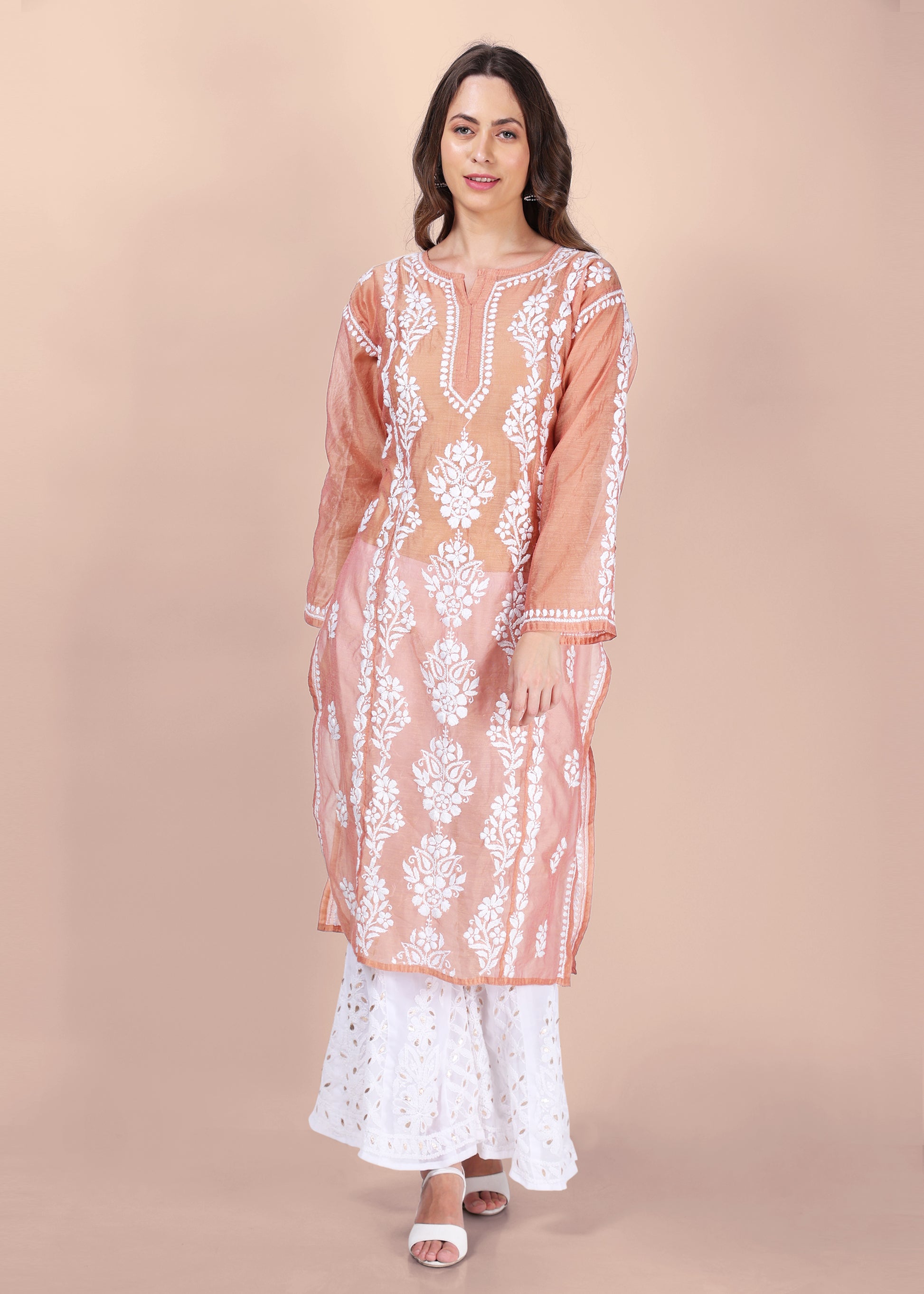 Women Handmade Lucknow Chikankari Chanderi Kurta - Black.