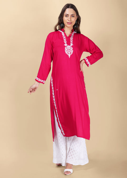 Ryon Hand Embroided Lucknow Chikankari Pink Straight Kurta.