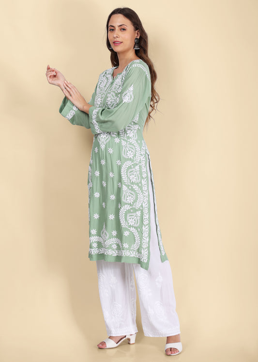 Handmade Lucknow Green Chikankari Straight Modal Kurta.