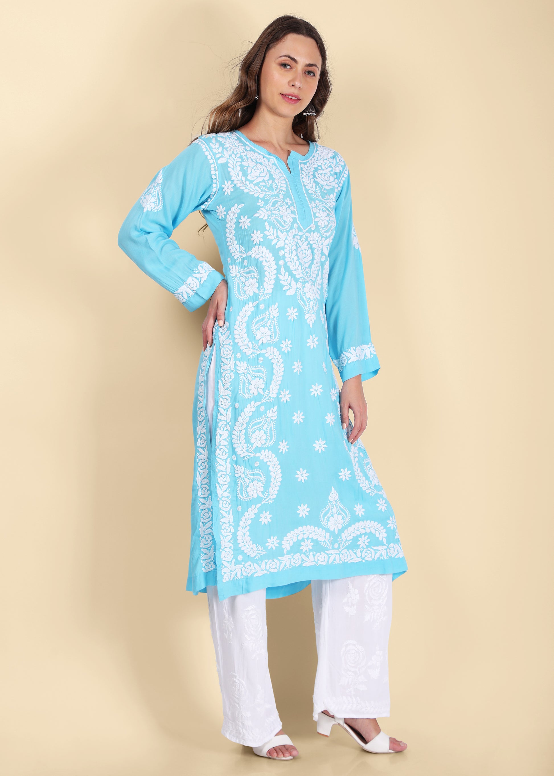 Handmade Lucknow Green Chikankari Straight Modal Kurta.