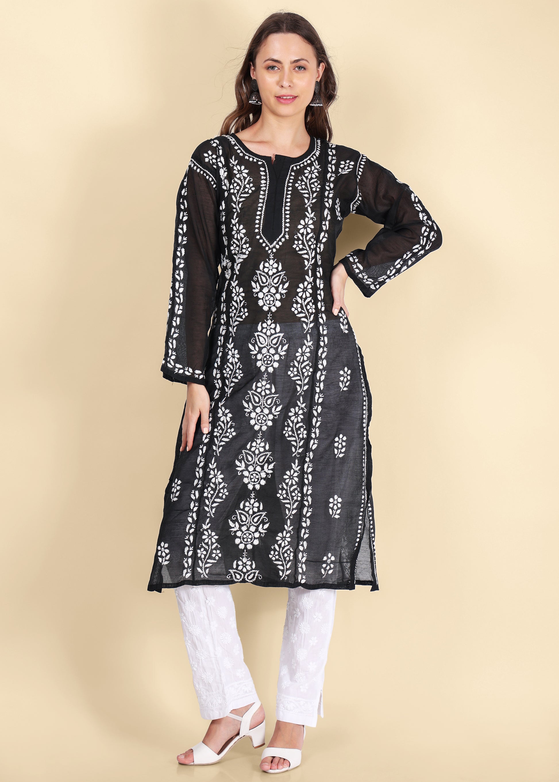 Women Handmade Lucknow Chikankari Chanderi Kurta - Black.