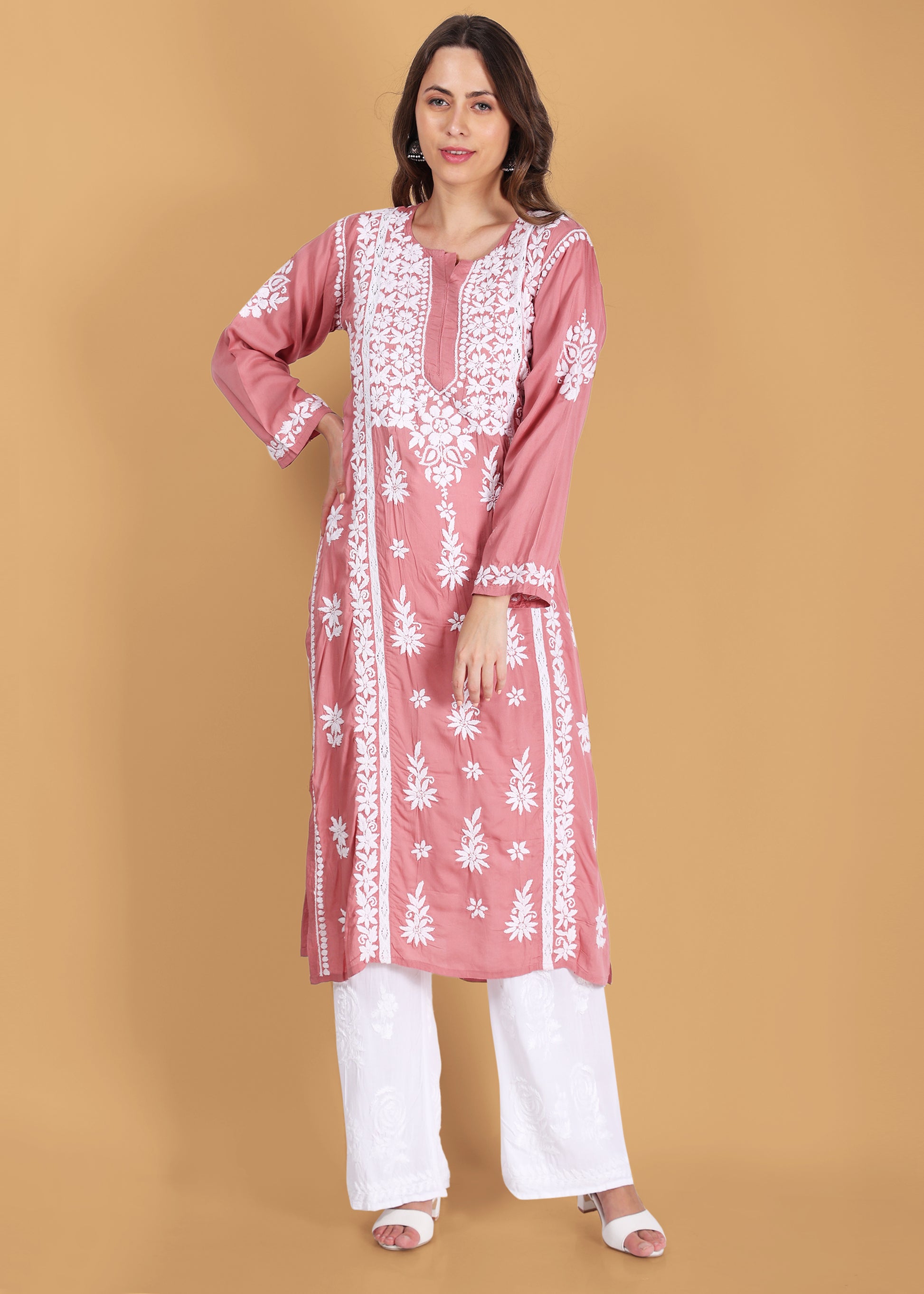 Pink Beautiful Lucknow Chikankari Ethnic Kurta -Modal Fabric.