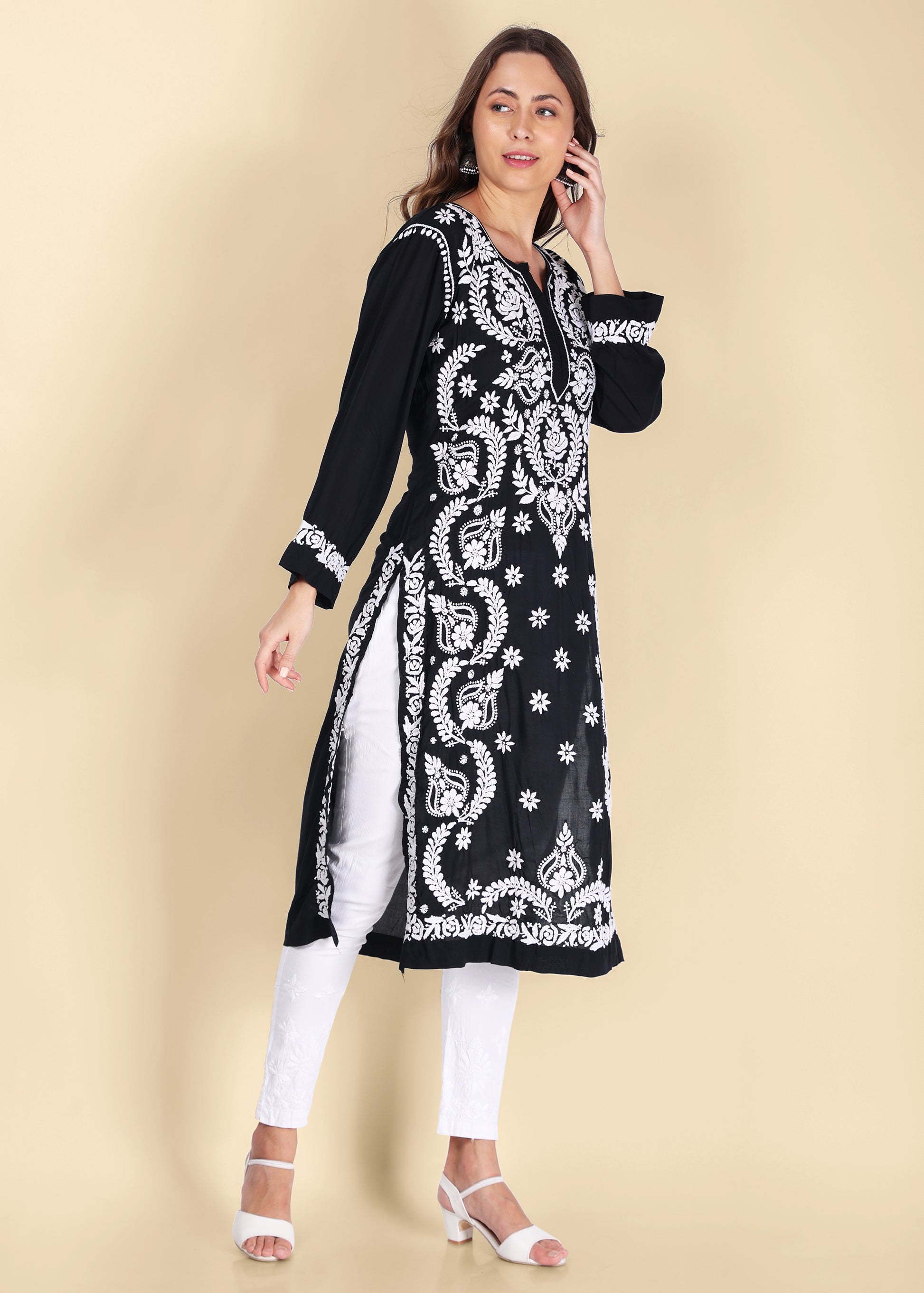 Handmade Lucknow Black Chikankari Straight Modal Kurta.