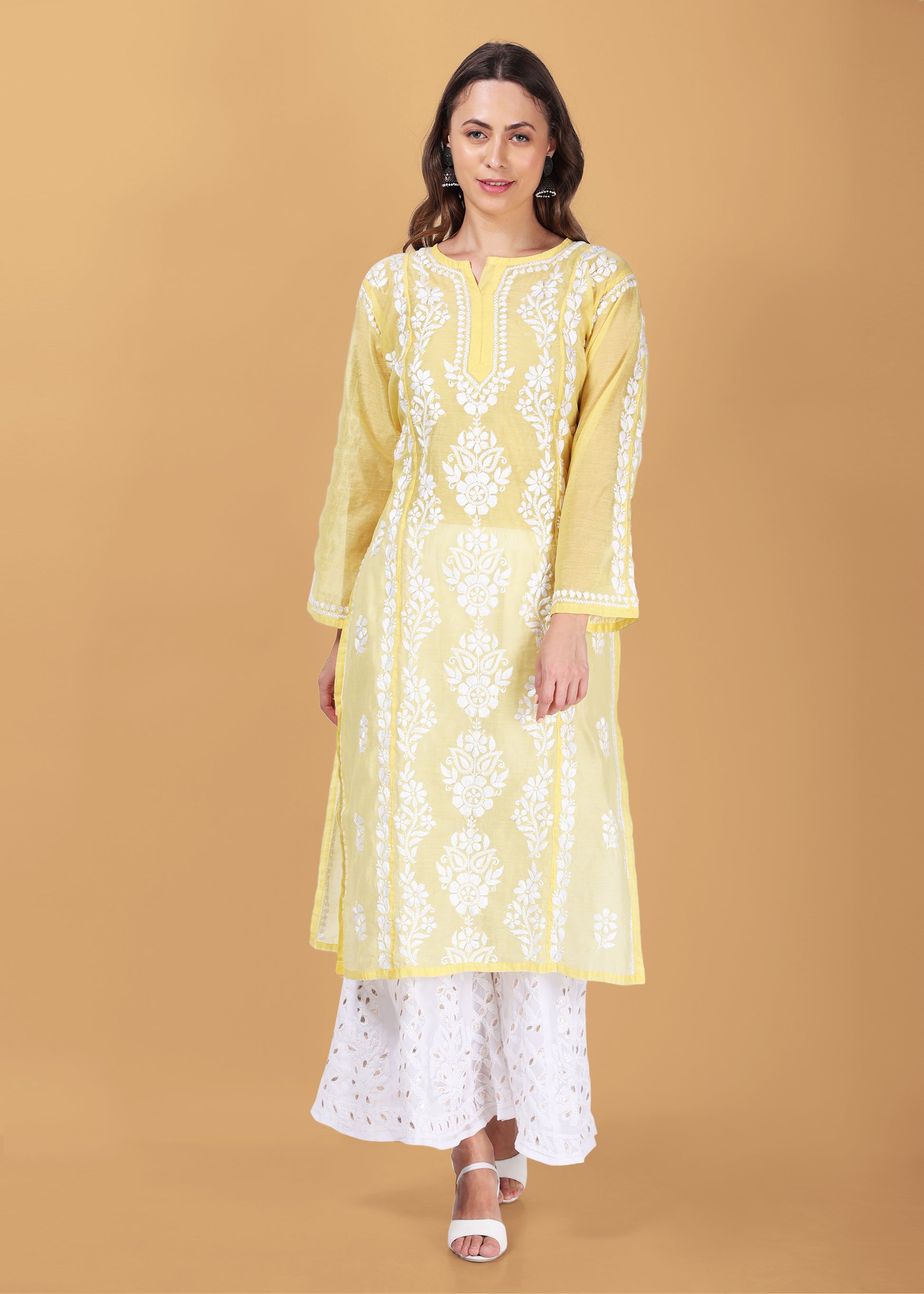 Women Handmade Lucknow Chikankari Chanderi Kurta.