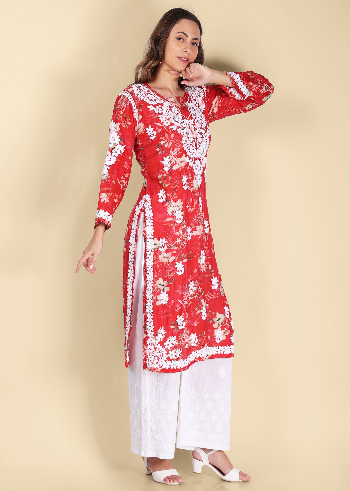 Muslin Hand Embroided Lucknow Chikankari Printed Straight Green Kurta.