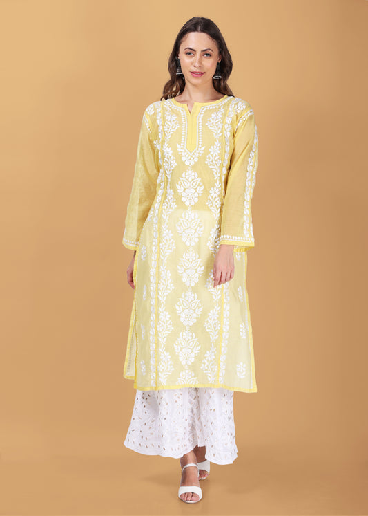 Women Handmade Lucknow Chikankari Chanderi Kurta-Yellow.
