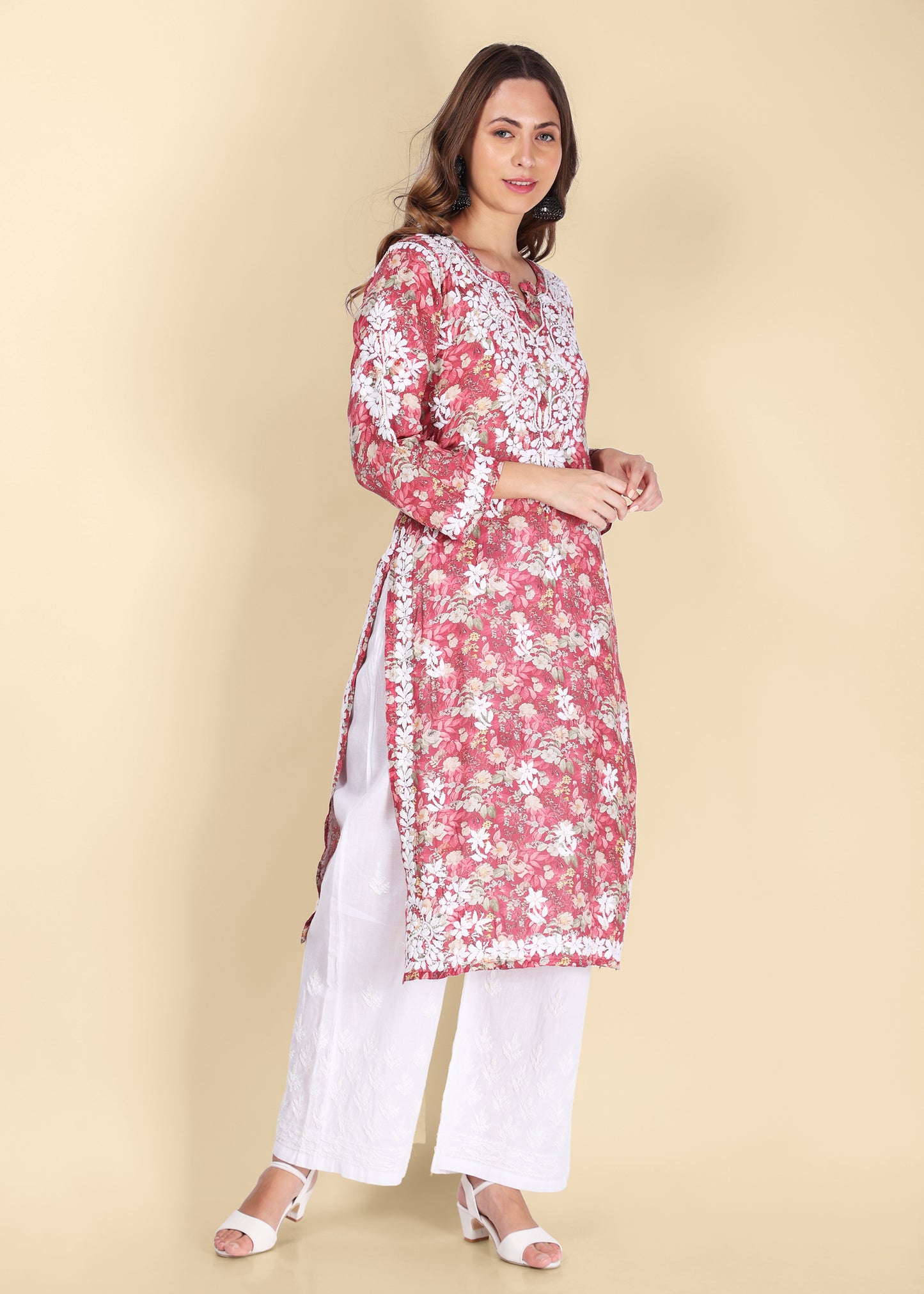Muslin Hand Embroided Lucknow Chikankari Printed Straight Kurta.