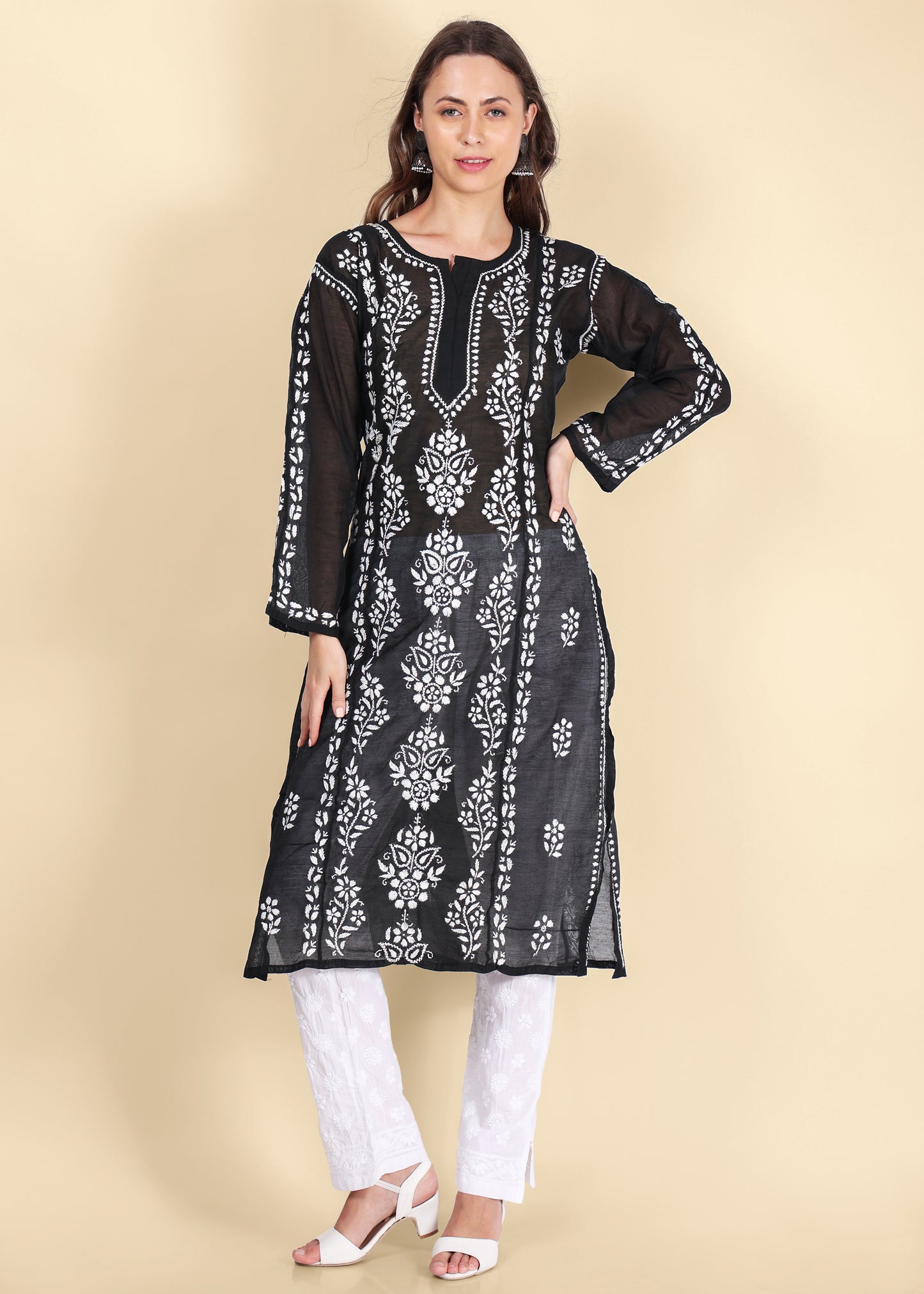 Women Handmade Lucknow Chikankari Chanderi Kurta.
