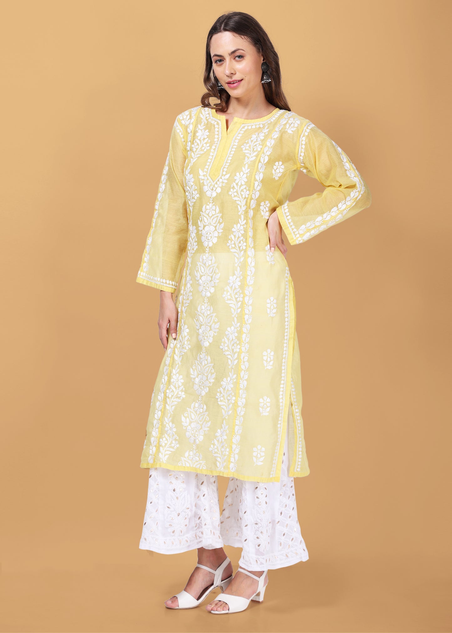 Women Handmade Lucknow Chikankari Chanderi Kurta.