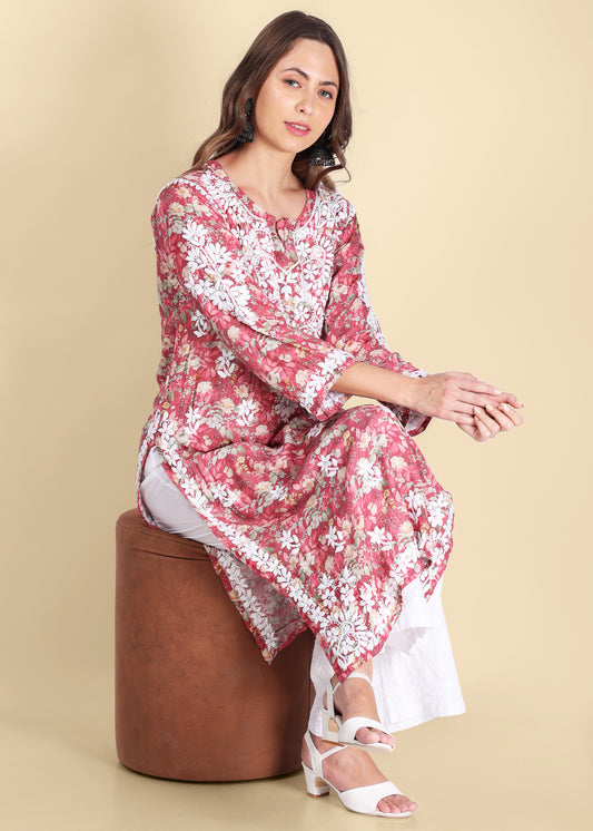Muslin Hand Embroided Lucknow Chikankari Printed Straight Pink Kurta.