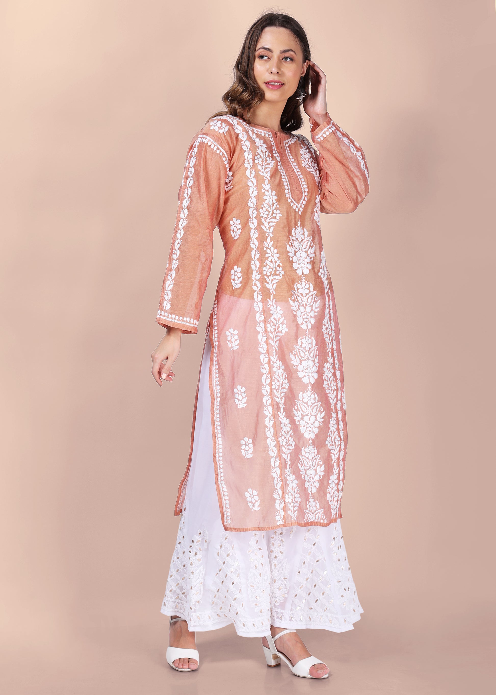 Women Handmade Lucknow Chikankari Chanderi Kurta - Black.