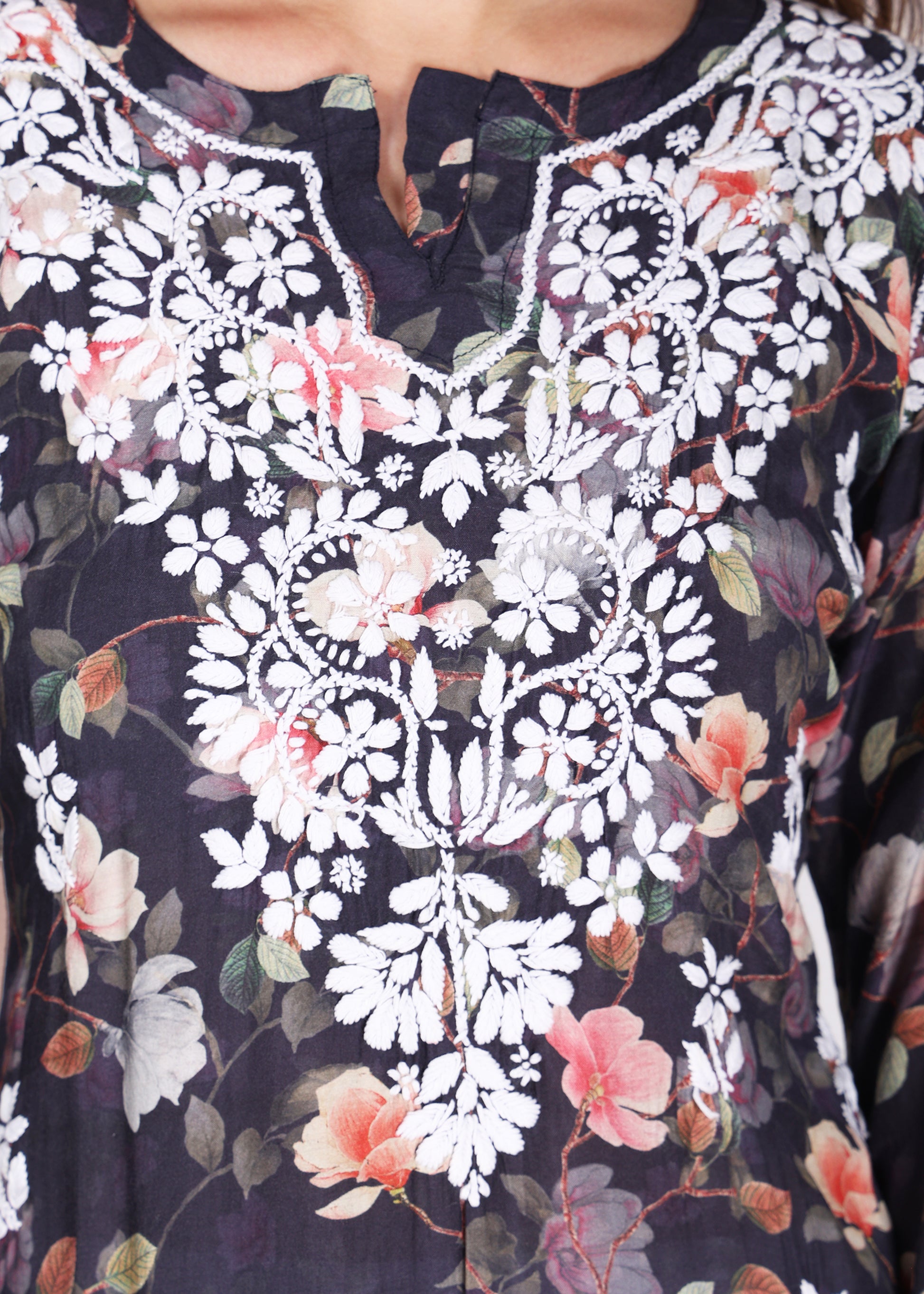 Muslin Hand Embroided Lucknow Chikankari Printed Straight Pink Kurta.