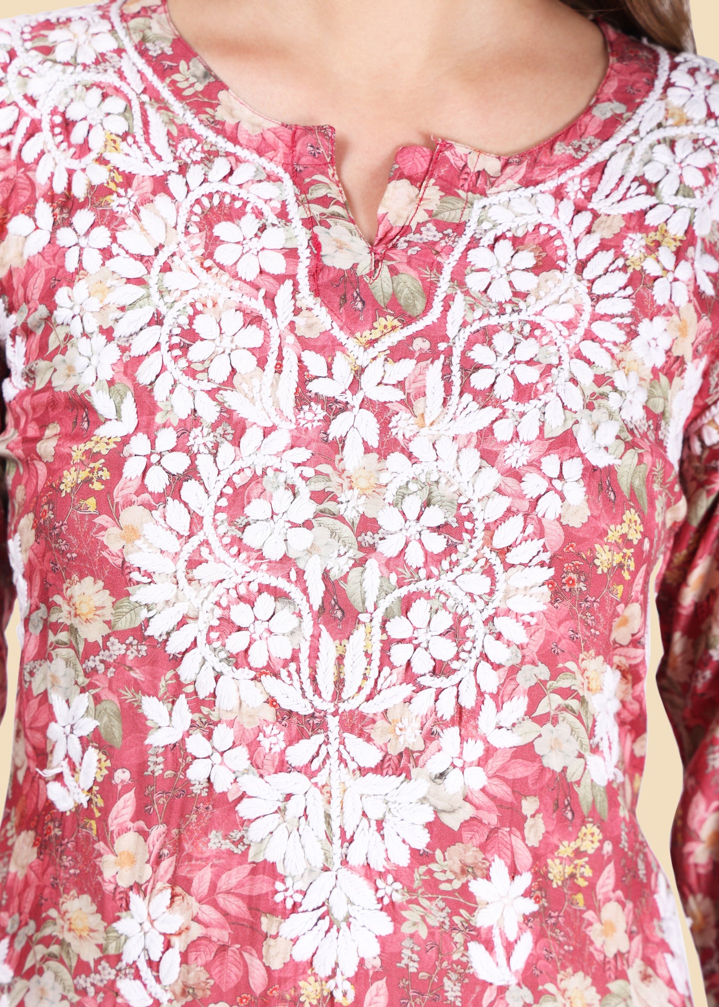 Muslin Hand Embroided Lucknow Chikankari Printed Straight Pink Kurta.