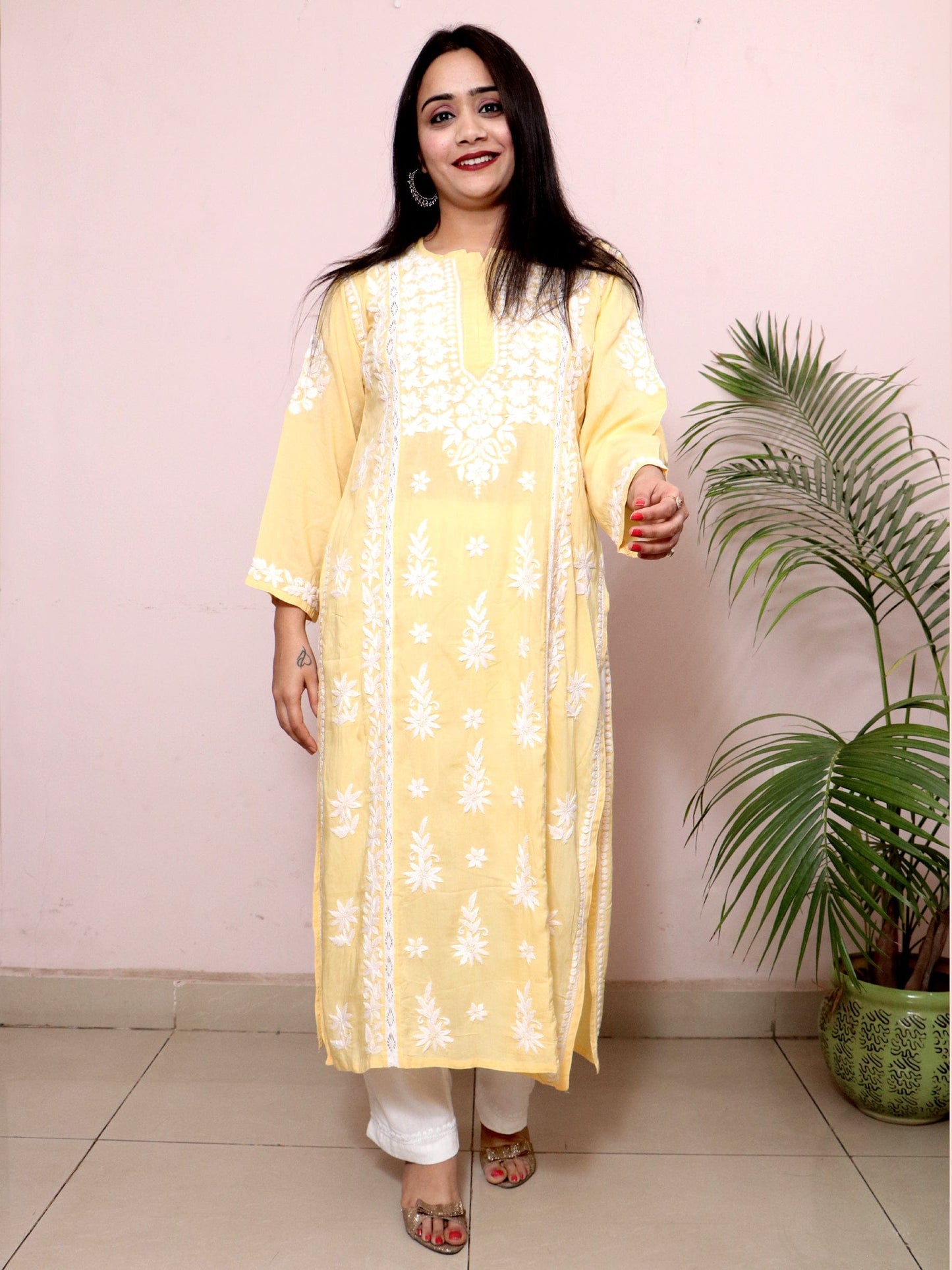 Pink Beautiful Lucknow Chikankari Ethnic Kurta -Modal Fabric.