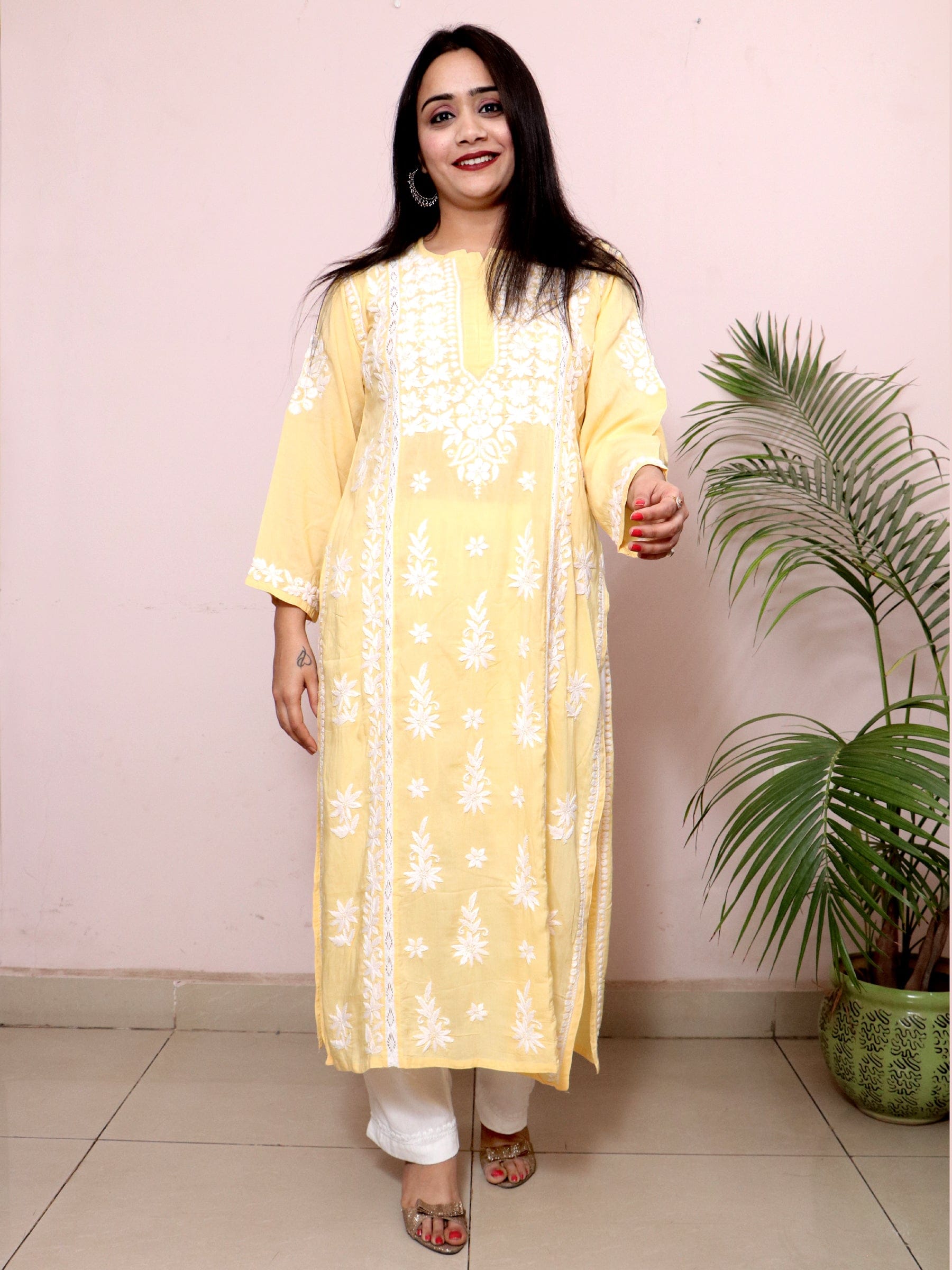 Pink Beautiful Lucknow Chikankari Ethnic Kurta -Modal Fabric.