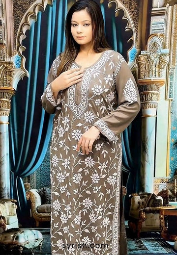 Premium Rayon Lucknowi Chikankari kurta set by Syrish, featuring intricate all-over handcrafted floral Jall work and heavy white 3D embroidery motifs, showcased in an elegant pastel shade.