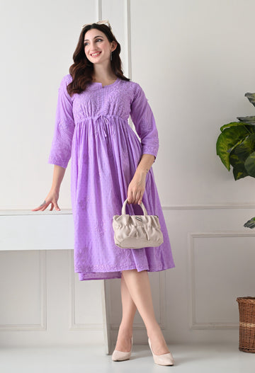 A premium Lucknowi Chikankari short dress in airy lilac cotton fabric by Syrish, demonstrating lightweight and stylish summer wear for extreme heat.