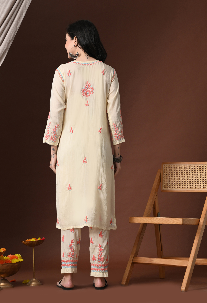 Hand Embroidered Chikankari Modal Kurta Pant Set for Women – Yellow & Pink Embroidery