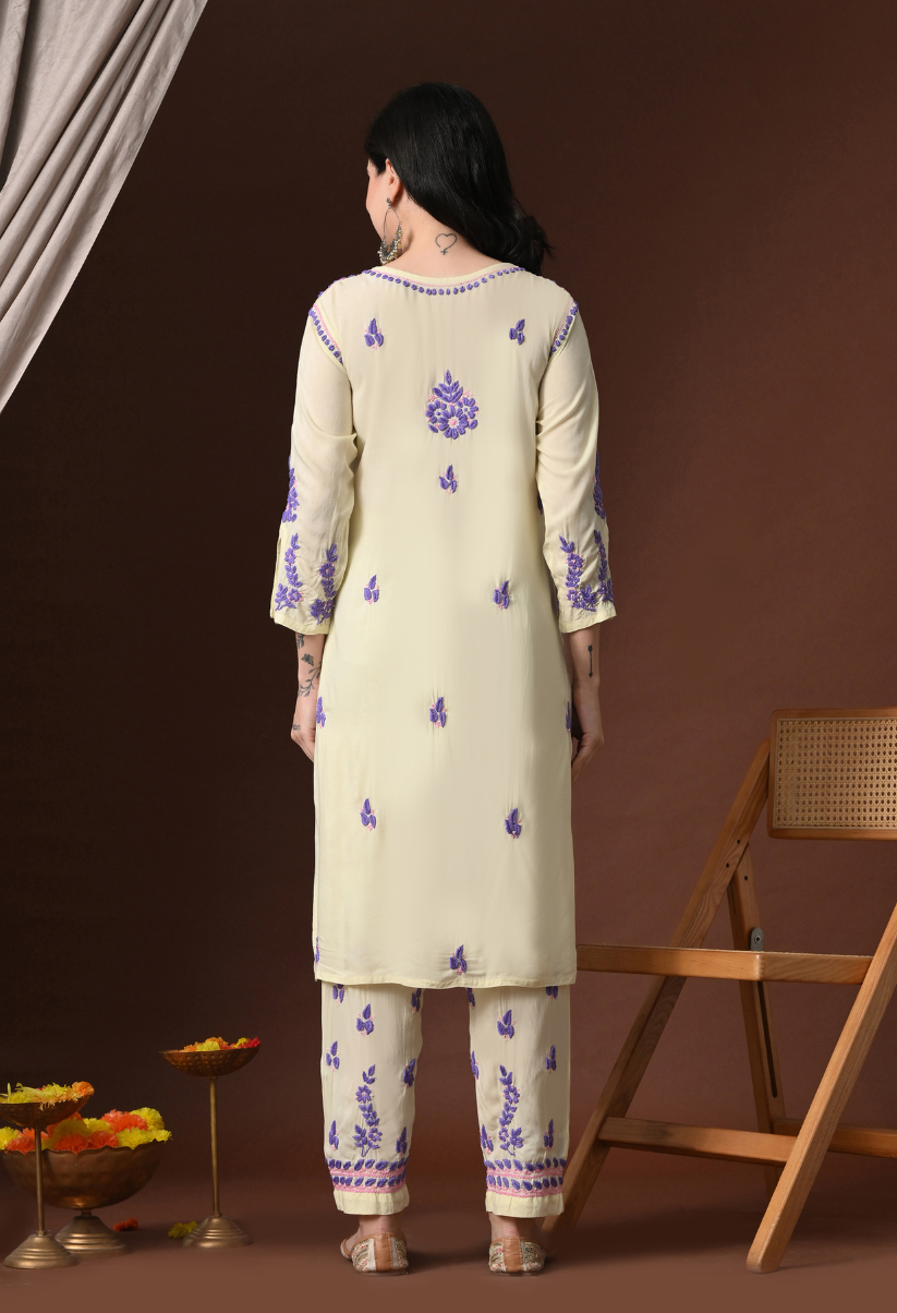 Hand Embroidered Chikankari Modal Kurta Pant Set for Women – Yellow & Sky Blue Embroidery
