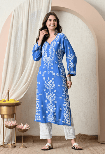 Syrish Blue Hand-Embroidered Chikankari Modal Kurta