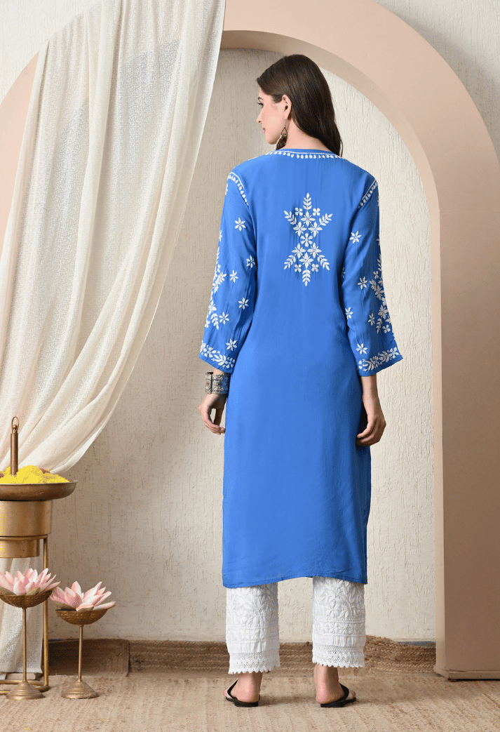 Syrish Blue Hand-Embroidered Chikankari Modal Kurta