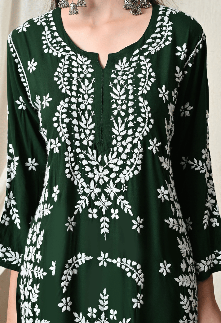 Syrish Dark Green Hand-Embroidered Chikankari Modal Kurta