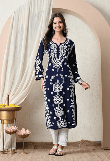 Syrish Navy Blue Hand-Embroidered Chikankari Modal Kurta