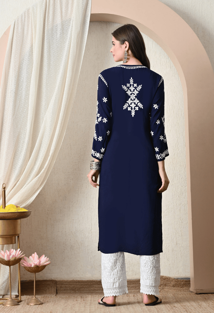 Syrish Navy Blue Hand-Embroidered Chikankari Modal Kurta