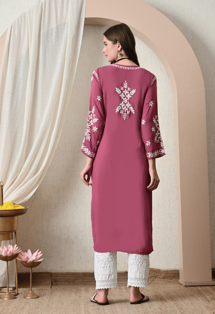 Syrish Onion Pink Hand-Embroidered Chikankari Modal Kurta