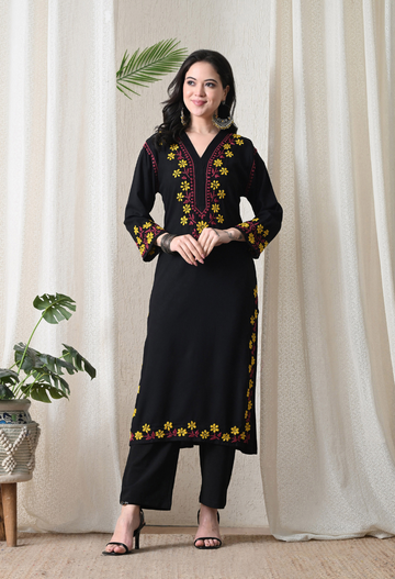 Hand Embroidered Chikankari Rayon Kurta with Floral Thread Work – Yellow