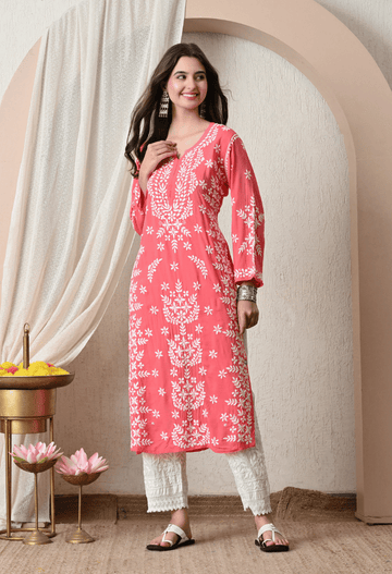 Syrish Peach Hand-Embroidered Chikankari Modal Kurta