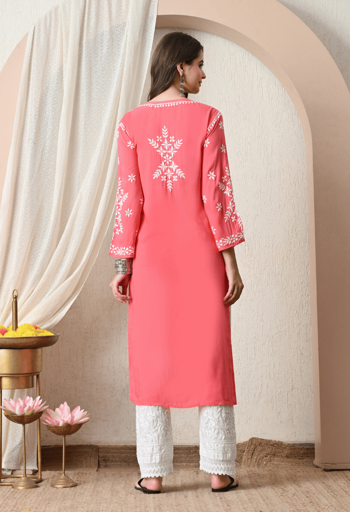 Syrish Peach Hand-Embroidered Chikankari Modal Kurta