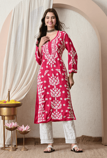 Syrish Rani Pink Hand-Embroidered Chikankari Modal Kurta