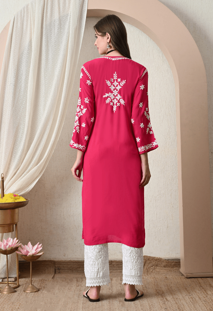 Syrish Rani Pink Hand-Embroidered Chikankari Modal Kurta