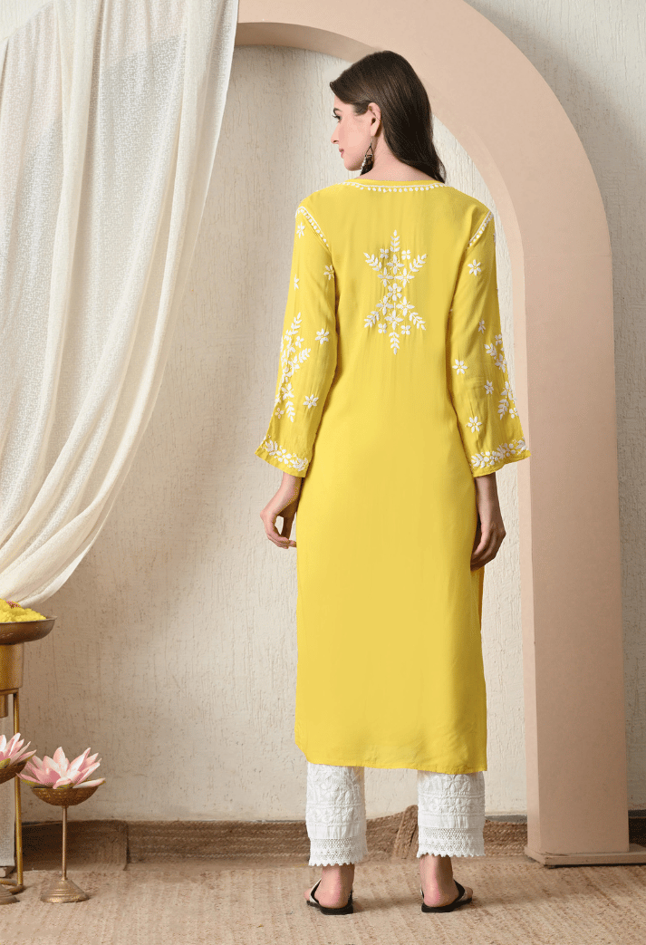 Syrish Yellow Hand-Embroidered Chikankari Modal Kurta