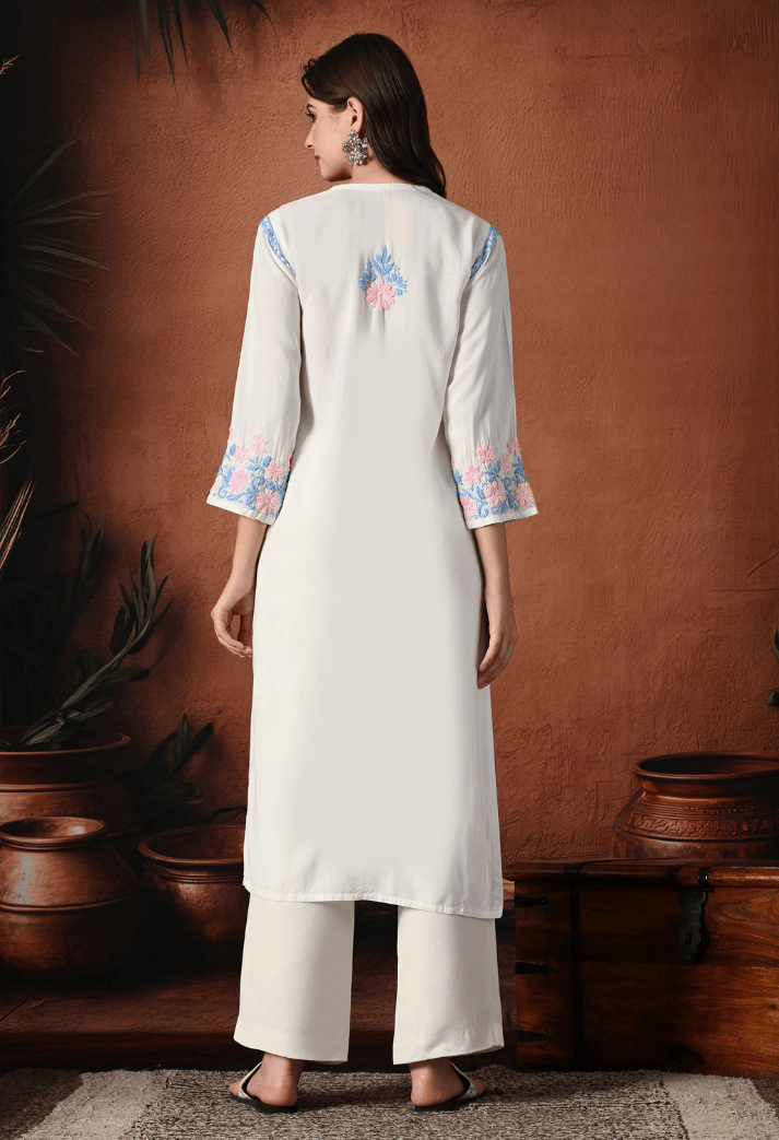 Syrish Pastel Pink & Blue Thread Hand Embroidered Chikankari Straight Rayon Kurta