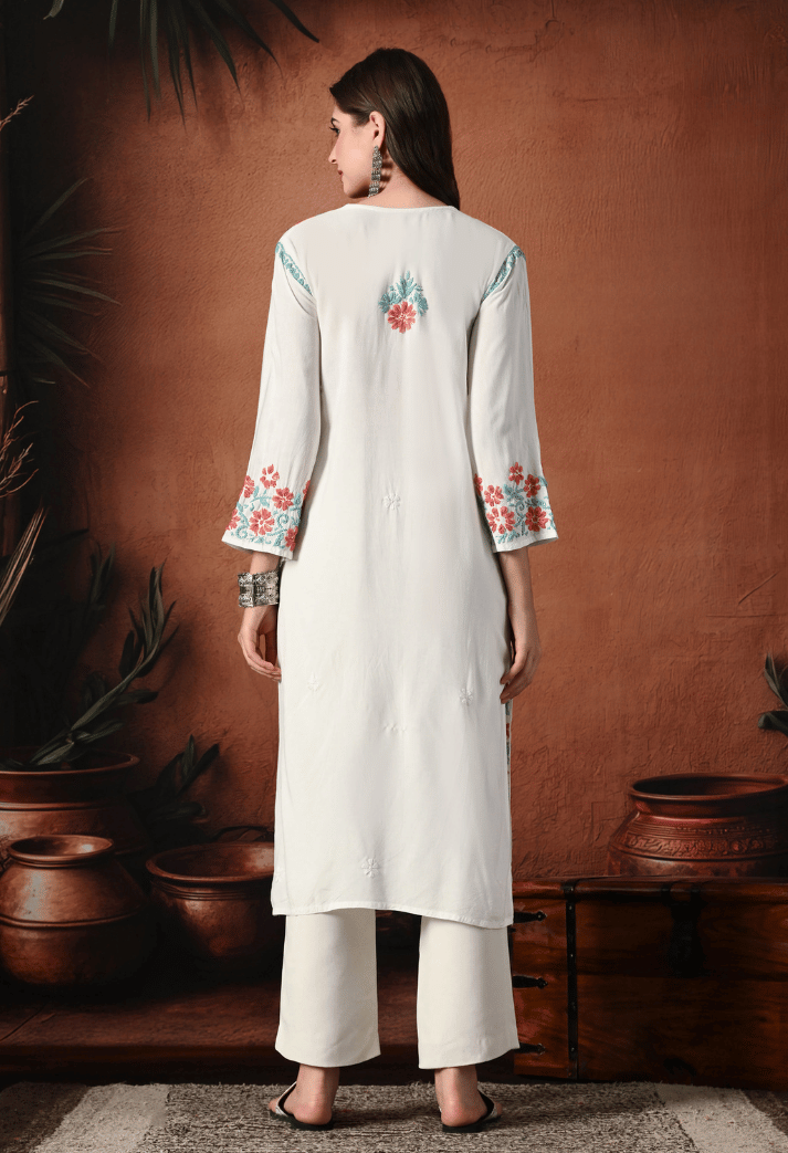 Syrish Brown Thread Hand Embroidered Chikankari Straight Rayon Kurta